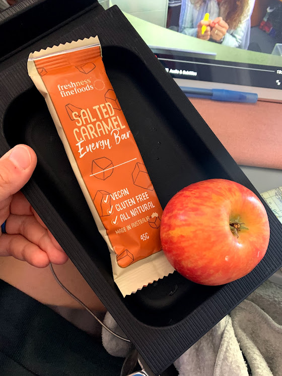 airplane snacks: granola bar and apple
