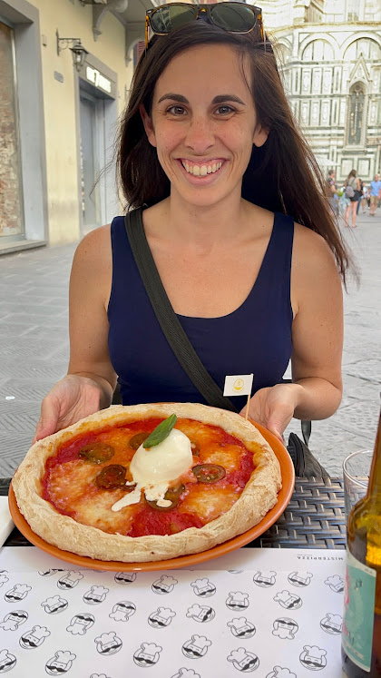 Jen with gluten-free pizza in Florence