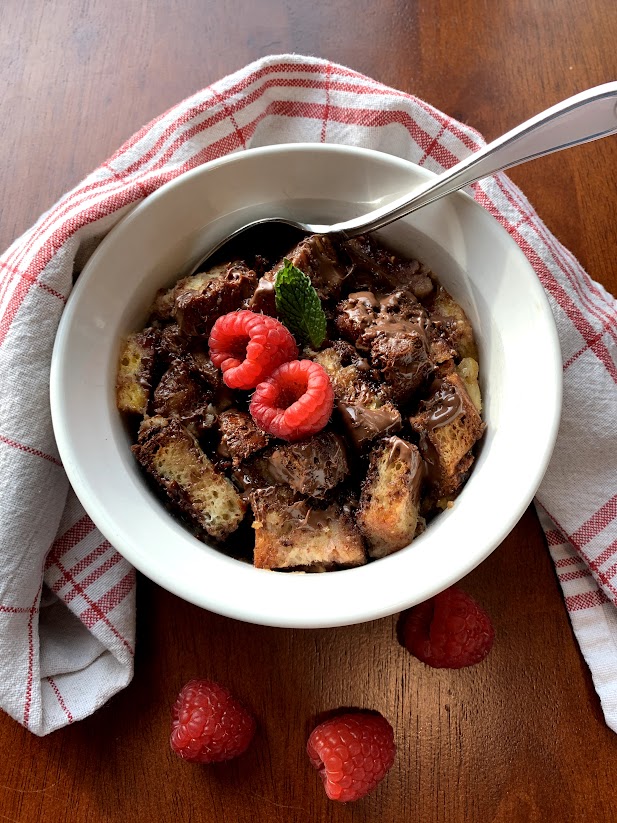 gluten-free bread pudding with chocolate and rapsberries