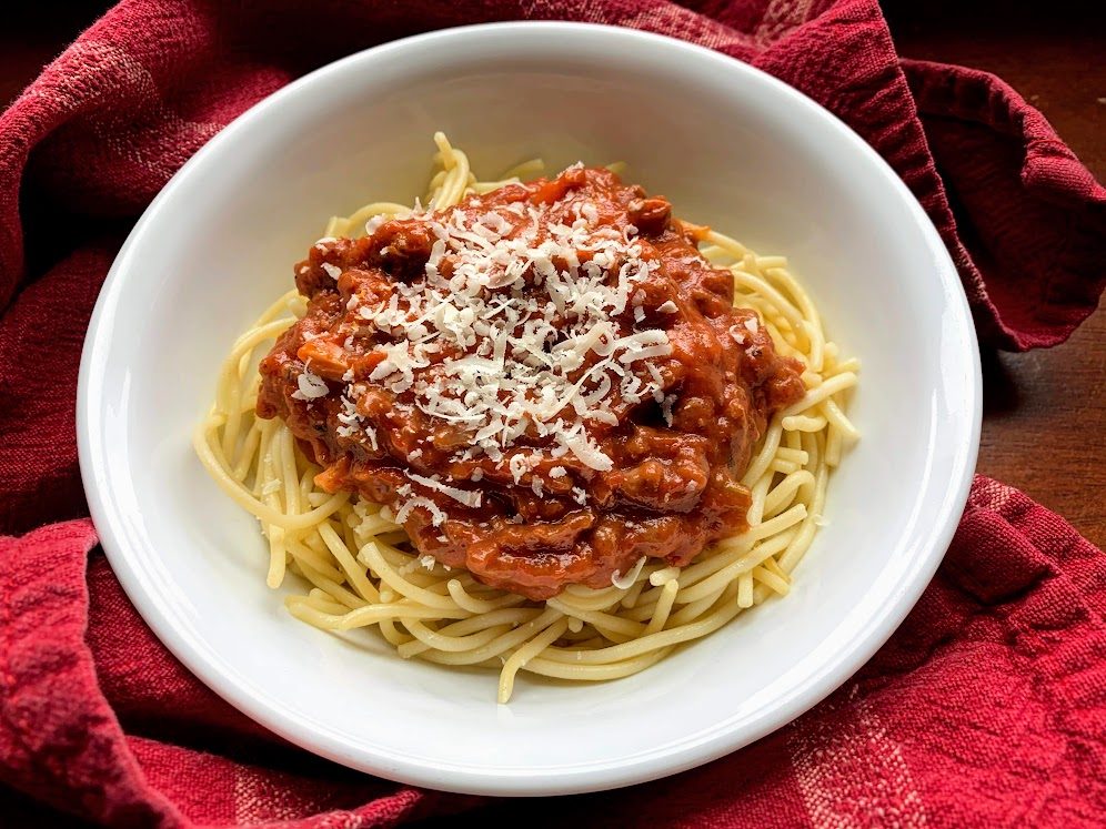 gluten-free turkey bolognese over spaghetti