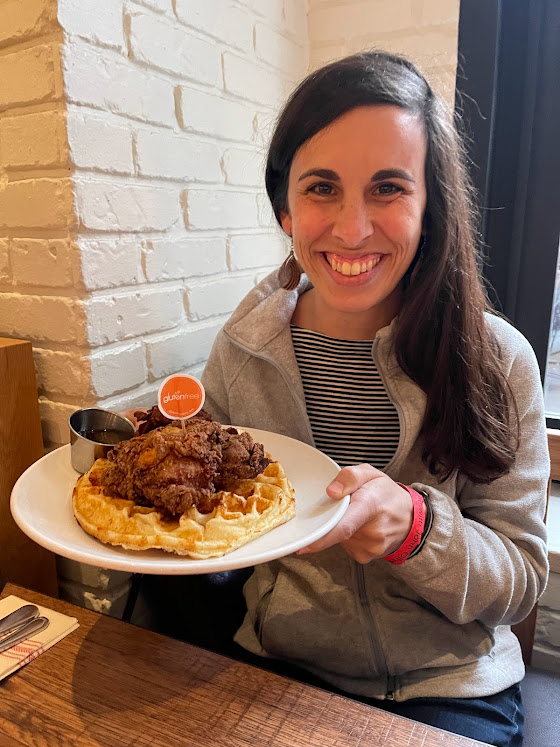 Jen with gluten-free chicken and waffles