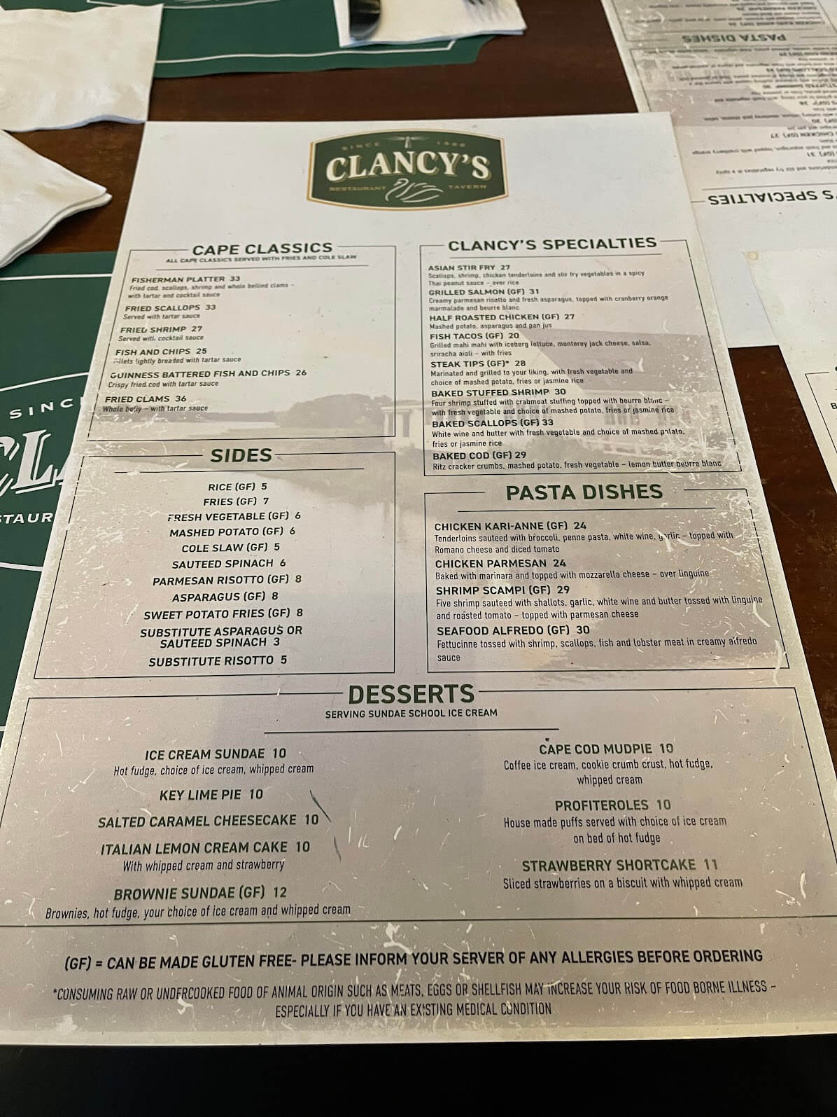 Clancy's Restaurant Menu