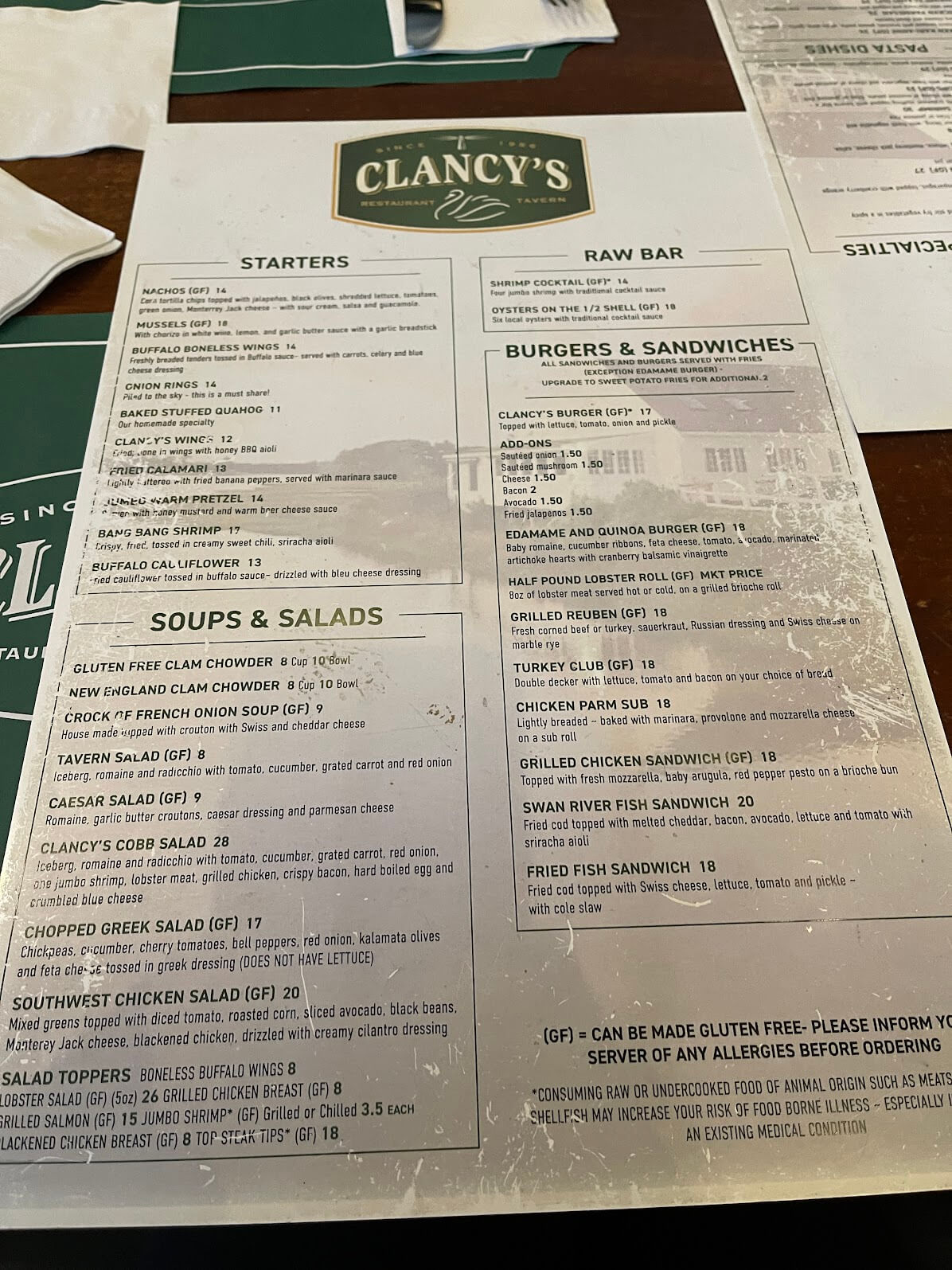 Clancy's Restaurant Menu